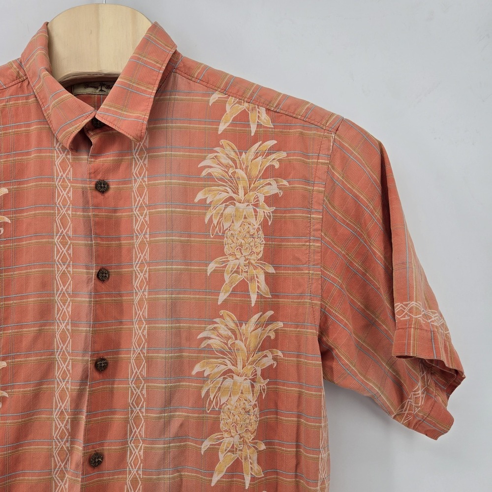 Tommy Bahama Silk Hawaiian Shirt Men's L Orange Pineapple Cruise Beach Abstract